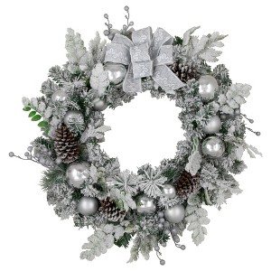 Northlight Glitter and Frosted Foliage Artificial Christmas Wreath with Bow, 30-Inch, Unlit - 1 of 4