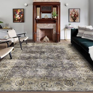 Machine Washable Area Rug Vintage Floral Non Slip Rug Foldable Stain Resistant Rugs Distressed Low Pile Indoor Carpet for Bedroom Living Room - 1 of 4