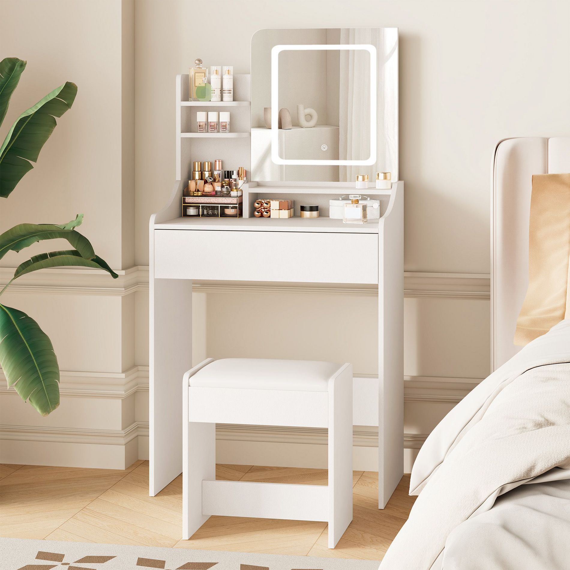 White Vanity Desk Set with Square Mirror and Light- Small Vanity Tale with Vanity Stool