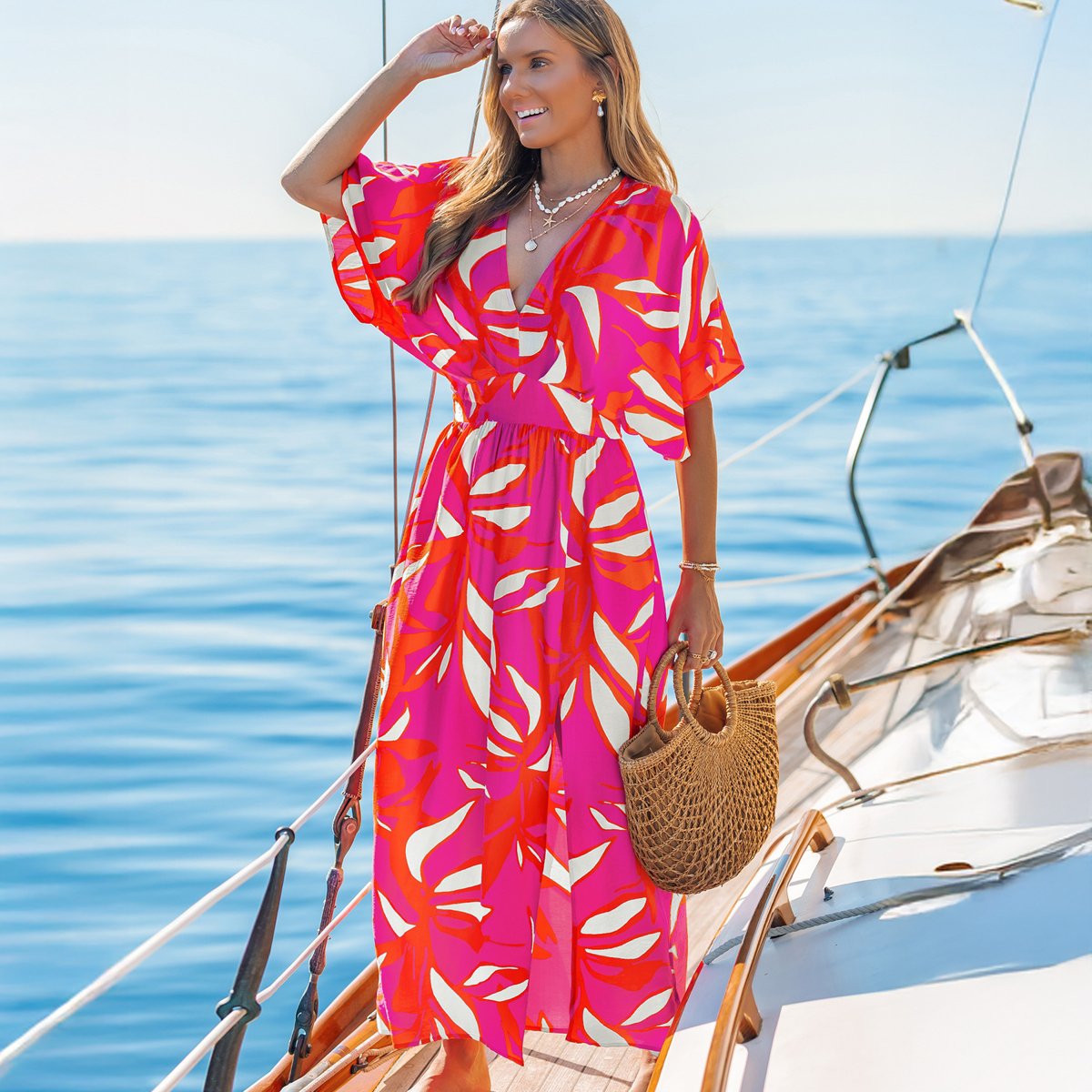Женские платья Cupshe Women's Vibrant Abstract Print Maxi Beach Dress-M-Red — фото 5