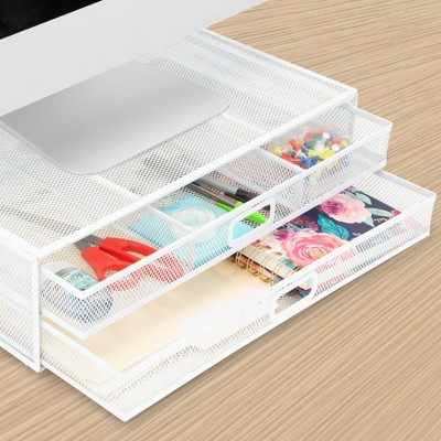 White Metal Mesh Desktop Monitor Stand with Two Drawers