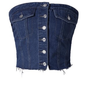 INSPIRE CHIC Women's Button Front Raw Hem Smocked Back Crop Denim Corset Tube Top - 1 of 4
