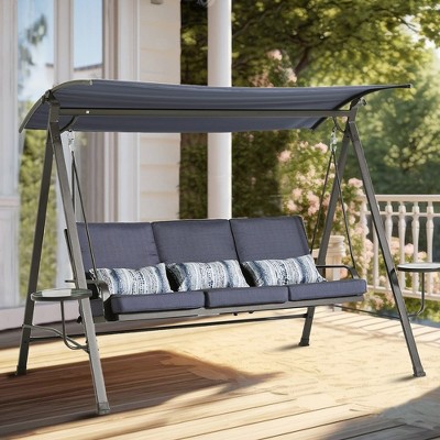 Outdoor Swing, Porch Swing with 2 Removable Side Tables, Lumbar Pillow, Canopy, 3 Wide Removable Seats, Patio Swing Chair for Courtyard Porch Backyard