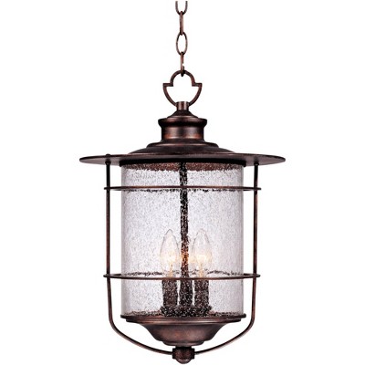 Franklin Iron Works Country Cottage Outdoor Ceiling Light Hanging Lantern Bronze 19" Clear Seedy Glass for Exterior Porch Patio