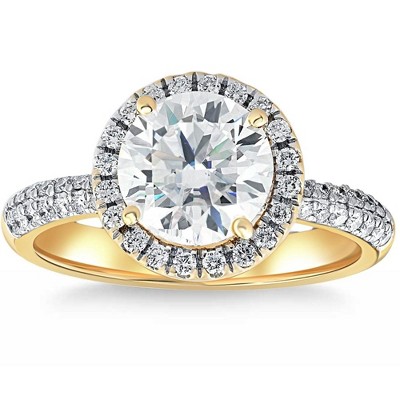 Pompeii3 2 1/2Ct Halo Moissanite & Lab Created Diamond Engagement Ring White or Yellow Gold