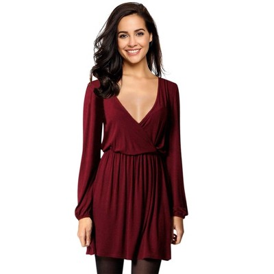 Womens Deep V Neck Mini Dress Long Sleeve Elastic Waist A Line Casual Wrap Midi Dress