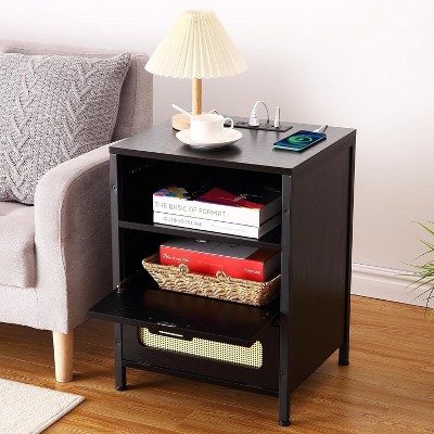 Nightstand with Charging Station and LED Lights, Bedside Table with 2 Rattan Drawers, USB Ports & Outlets, Storage Cabinet for Bedroom or Living Room