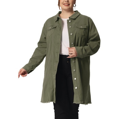 Agnes Orinda Women's Plus Size Long Sleeve Raw Hem Long Denim Jacket Green  2X