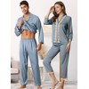 cheibear Long Sleeve Lace Trim Satin Button Shirt with Pants Matching Couple Pajama Sets - image 3 of 4