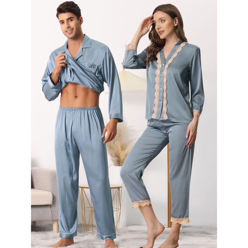cheibear Womens Long Sleeve Lace Trim Satin Button Shirt Pants Matching Couple Pajama Sets Sleepwear, 3 of 7