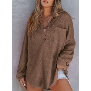 Women Waffle Knit Tops Henley Shirts Long Sleeve V Neck Solid Color Casual Tunic - 1 of 3