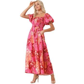 Allegra K Women's Floral Square Neck Puff Short Sleeves Boho Maxi Dress
