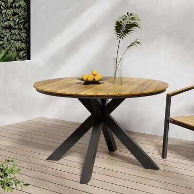 Round Acacia Wood Patio Dining Table With Metal Leg,Outdoor Coffee Table Teak Acacia Wood Tabletop And Black Metal Leg -Maison Boucle