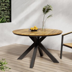 Round Acacia Wood Patio Dining Table With Metal Leg,Outdoor Coffee Table Teak Acacia Wood Tabletop And Black Metal Leg -Maison Boucle - 1 of 4