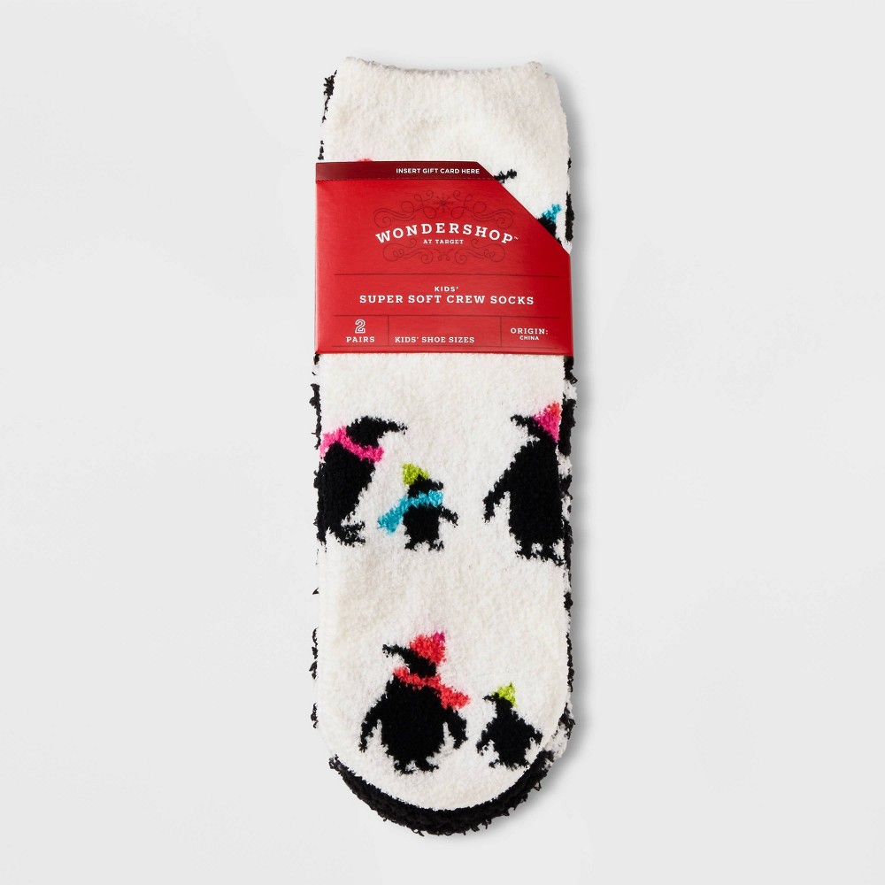 Kids' Penguins 2pk Cozy Crew Socks with Gift Card Holder - Wondershop White M/L