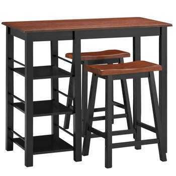 Tangkula 3 PCS Dining Table Set Counter Height Dining Set with 3-Tier Storage Shelf&2 Saddle Stools Walnut