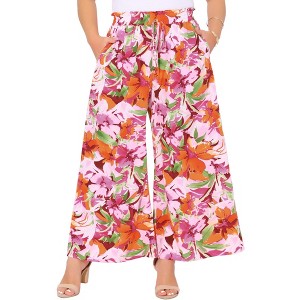 Agnes Orinda Women's Plus Size Wide Leg Mid Rise Front Tie with Pocket Casual Flowy Floral Boho Palazzo Pants - 1 of 4