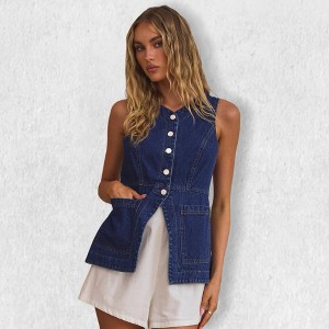 sleeveless denim jacket with dress Outfits Denim Overall Skirt Vest Sleeveless Denim Jacket Dress  STEL