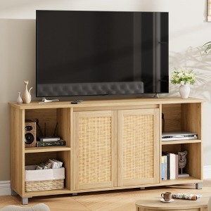 71" Boho TV Stand with Rattan Doors - Mid-Century Modern Media Console with Open Shelves - 1 of 4