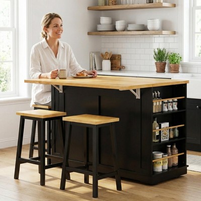 LauKingdom 48" Large Kitchen Island with 2 Bar Stools, Power Outlet, Drop Leaf Countertop, 5 Wheels, 2 Drawers, Door Storage Rack & Open Side Shelves, Black — фото 3