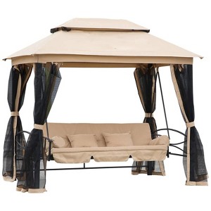 Resenkos 3-Seat Swing Set, Outdoor Gazebo With Double Canopy, Mesh Walls, Comfortable Seat & Pillows, Beige - 1 of 4