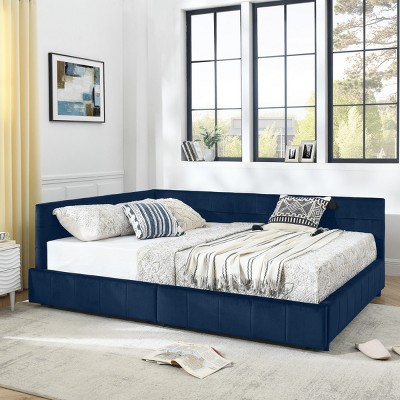 1pc Queen Size Velvet Upholstered Storage Daybed with Drawers, Tufted Backrest & Armrest, No Box Spring Needed - Baofuwish
