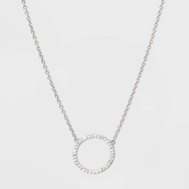 Sterling Silver Pave Cubic Zirconia Circle Chain Necklace - A New Day&#8482; Silver/Clear, 1 of 3