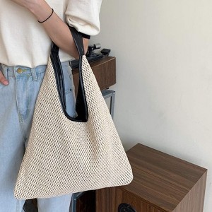BEAFUP Hand-woven Straw Shoulder Bag Boho Black Leather Top Handle Tote Retro Summer Beach Bag Holiday Travel Handbag - 1 of 4
