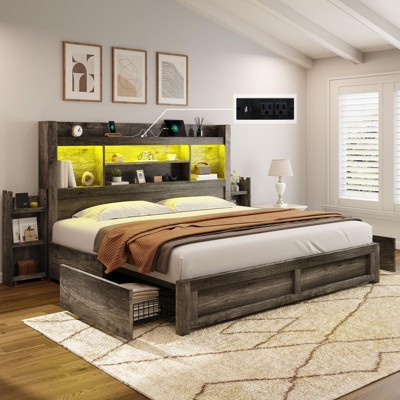 AMERLIFE Bed Frame with Drawers, LED, Bookcase Headboard, Charging, Shelves
