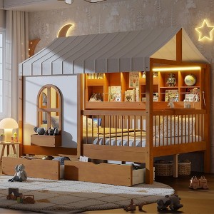 Polibi Full Size House Bed with Soft Tent Canopy, Bookshelf, Dual Drawers & USB Charging Ports - 1 of 4