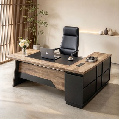 HOMLUX Walnut & Black 78.7-Inch L-Shaped Executive Office Desk with ...