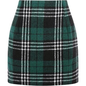 Women's High Waist Plaid Skirt - Wool Blend Bodycon Pencil Mini Skirt Green 01 - 1 of 4