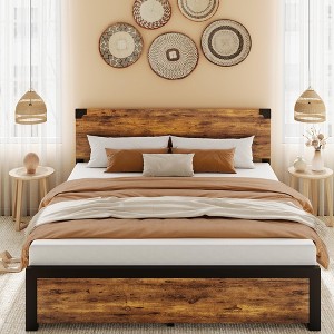 Full/Queen/King Size Bed Frame with Wood Headboard, Platform with Under Bed Storage or 4 Drawers Storage - 1 of 4