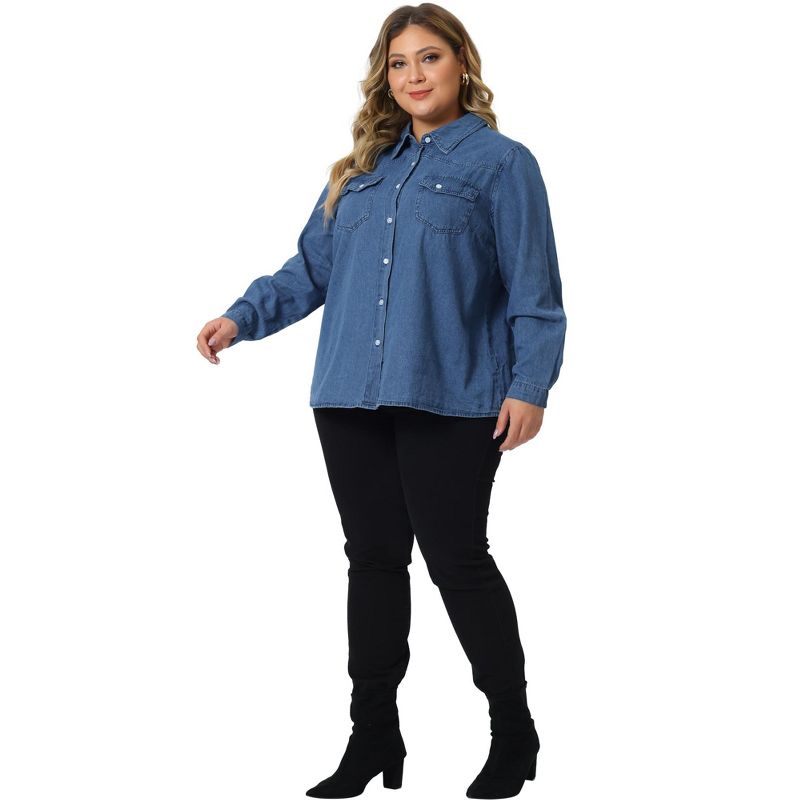 Agnes Orinda Women's Plus Size Denim Long Sleeve Button Down Jean Pockets Shirts, 3 of 6