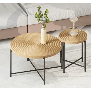 2-Piece Coffee and End Table Set, Waterproof MDF with PVC Cover, Distressed Cylindrical Design, Metal Legs - 1 of 4