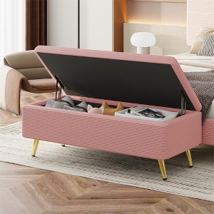 38.4 Inch Storage Bench, Upholstered End Of Bed Bench Ottoman, Corduroy Footrest Stool With Metal Legs, Entryway Ottoman Bench for Living Room - 1 of 4