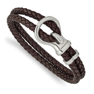 Black Bow Jewelry Stainless Steel & Braided Brown Leather Fancy Hook Bracelet, 8 Inch - 1 of 4