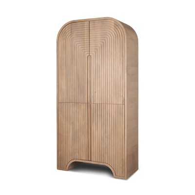 HomeRoots 72" Natural Solid Wood Textured Door Arched Cabinet With Four Doors