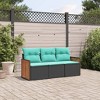 vidaXL Patio Sofa Set with Cushions - 3 Piece Outdoor Garden Furniture - Black PE Rattan & Acacia Wood Armrests - Modular & Weather-Resistant - 2 of 4