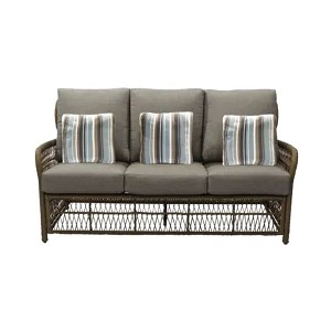 Four Seasons Courtyard Positano 3 Seater All Weather Wicker Loveseat with Powder Coated Steel Frame, Plush Cushions, and 3 Pillows, Beige - 1 of 4