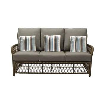 Four Seasons Courtyard Positano 3 Seater All Weather Wicker Loveseat with Powder Coated Steel Frame, Plush Cushions, and 3 Pillows, Beige