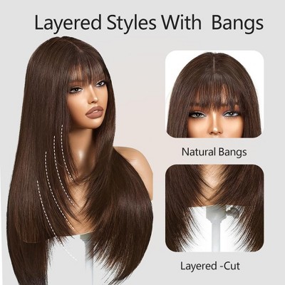 Jessie's Wig 22Inch Lace Frontal Straight Wig With Bangs 5X5 Lace Brown Color 1 Pc/Pack Brown Color 22‘’