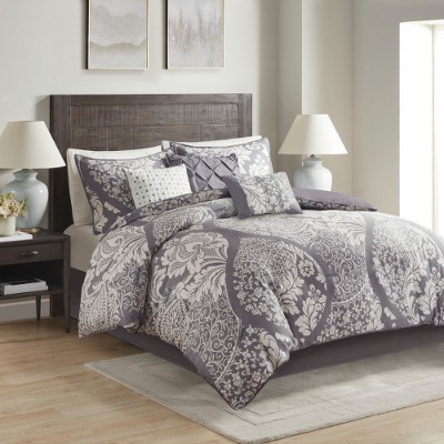 Lyngins 7-Piece Cotton Sateen Comforter Set – Intricate Damask Print, Reversible Solid Design, Hypoallergenic, Oeko-Tex Certified, Queen Bedding Set