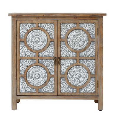 LuxenHome 31.5-Inch Wide Floral Lattice Metal 2-Door Farmhouse Pine Wood Storage Cabinet Brown