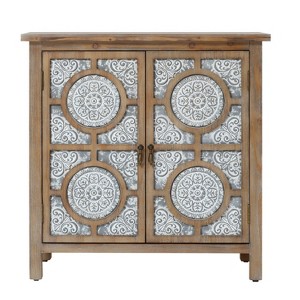 LuxenHome 31.5-Inch Wide Floral Lattice Metal 2-Door Farmhouse Pine Wood Storage Cabinet Brown - 1 of 4