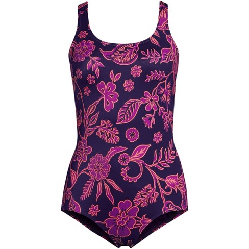 Lands' End Women's Chlorine Resistant Scoop Neck Soft Cup Tugless Sporty One  Piece Swimsuit Print - 10 - Blackberry Ornate Floral : Target