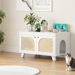 MAYEERTY 31*20" Flip-Top Hidden Cat Box Cabinet with Rattan Doors & Dual Entrances, White - 1 of 4
