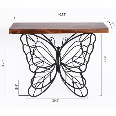 Dark Maple & Black Metal Butterfly Accent Console Table with Storage