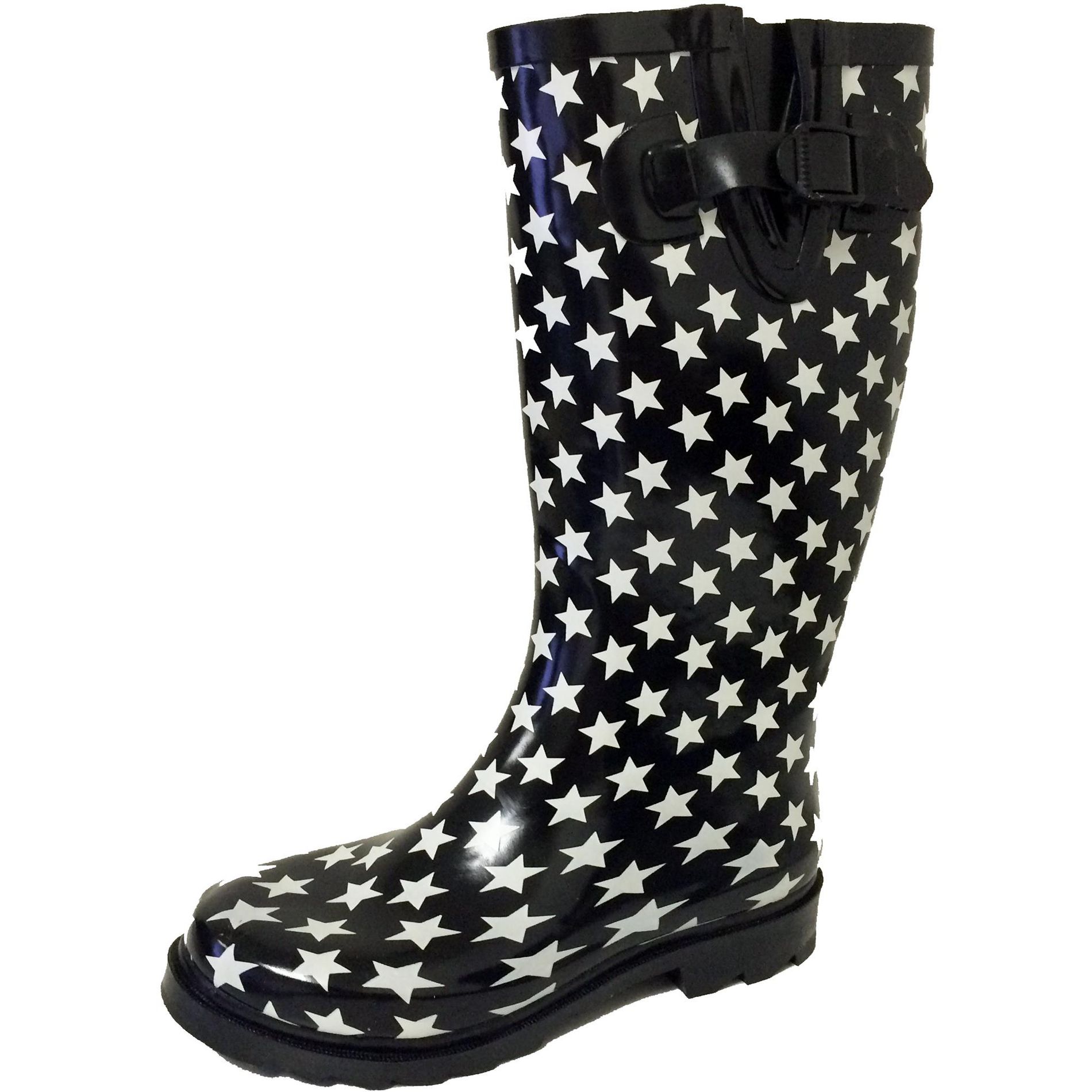 Women's Rain Boots Black/White Stars Rubber Mid Calf Snow Rainboot