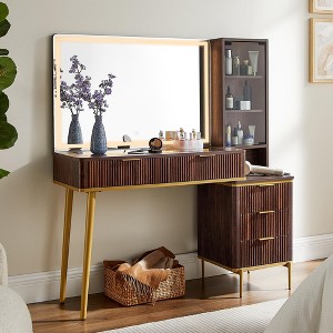 Fluted Makeup Vanity Tables with 36" HD Lighted Mirror, 48" Big Modern Vanity Desk with Glass Top & 5 Drawers & Shelves, Dressing Table - 1 of 4